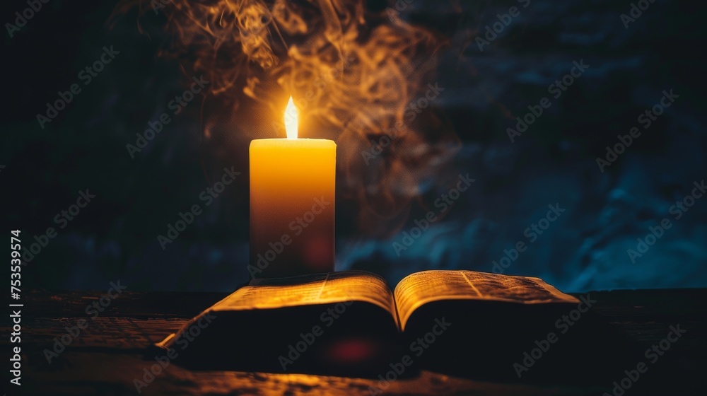 Sticker silhouetted bible and candle on a table against a dark background