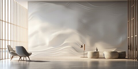 Nordic interior with design featuring white marble podium and wave textured glass wall.