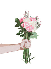 Bouquet in hand. Beautiful drawing isolated on white background, ideal for cards and posters.