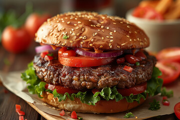 photo of delicious burger with tomato, onions, and lettuce fresh off the grill