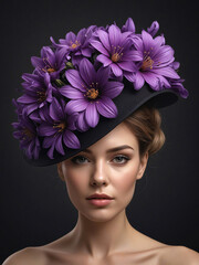 pretty woman wearing a black hat with purple flowers - 753539960