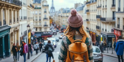 Woman sightseeing and admiring the cityscape in Paris, France.