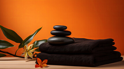 Spa atmosphere with rolled black towels, smooth gray spa stones on orange isolated background - obrazy, fototapety, plakaty