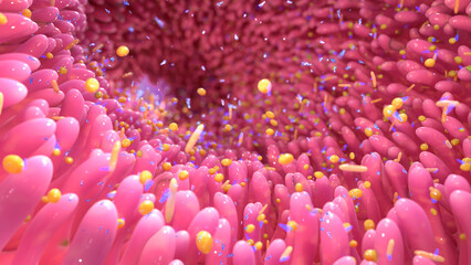 Obelisks, a virus-like entity living in the human gut and mouth. An obelisk consists of tiny rings of RNA formed into a rod-shape, together with bacteria (yellow). 3d conceputal illustration