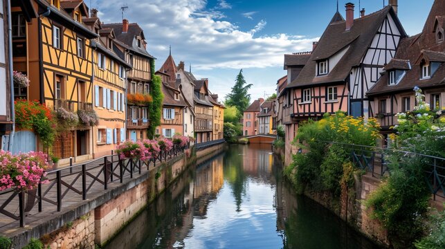 Fototapeta France. Small waterway and classic half-timbered homes.