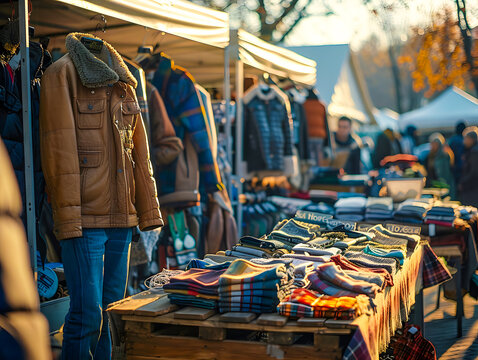 Stand de v&ecirc;tements de seconde main sur une brocante, ou un vide-greniers