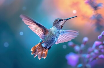 close up photo of hummingbird in mid flight with pink blur background - Powered by Adobe