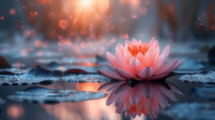 Rose-colored lotus illuminated by sunlight. - obrazy, fototapety, plakaty