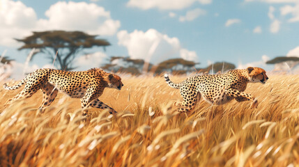 A pair of cheetahs sprinting across the grasslands in pursuit of prey.
