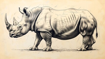 Fototapeta premium Black rhinoceros illustration icon for print, hand-drawn with a herbivore design.
