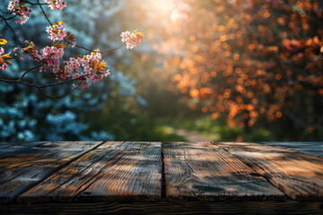Empty wooden table natural sunny blurred cherry tree garden banner background and blur bokeh 5