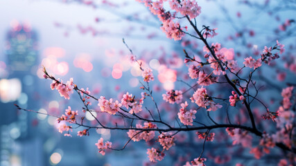 桜とイルミネーションのある風景　Image of Tokyo and cherry blossoms in Japan. A blurred landscape.Generative AI