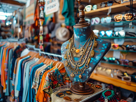 Stand de v&ecirc;tements et bijoux fantaisie de seconde main sur une brocante, ou un vide-greniers