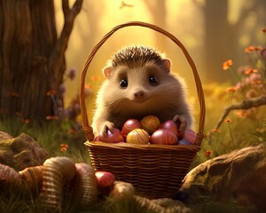 A cautious hedgehog approaches a basket its nose twitching as it inspects a shimmering
