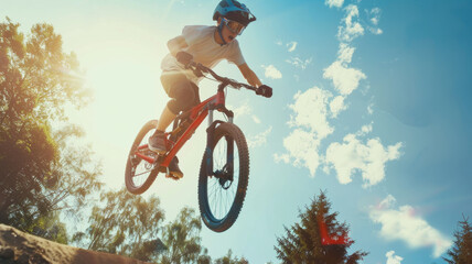 Mountain biker catches air against a blue sky, showcasing adrenaline and freedom.