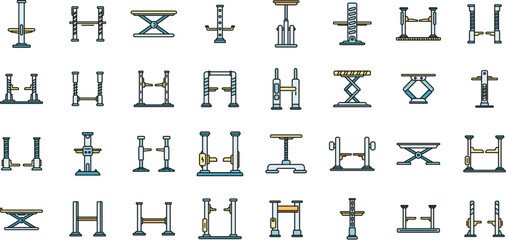 Car lift icons set outline vector. Auto garage. Station equipment color line isolated