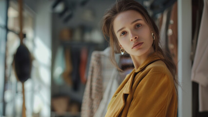 Fototapeta premium A poised young woman in a stylish mustard coat stands in a trendy boutique setting.