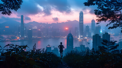A runner at dawn, with urban cityscape silhouetted in the background, during a refreshing morning...
