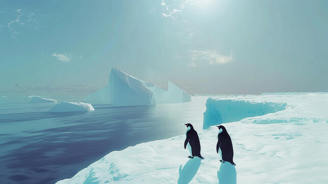 A pair of curious penguins waddling across the vast expanse of Antarctic ice.