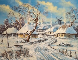 Oil paintings rural landscape, old willage, winter in the old willage, old house in the woods. Fine art, artwork - 753541913
