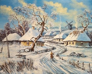 Oil paintings rural landscape, old willage, winter in the old willage, old house in the woods. Fine art, artwork