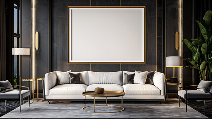 Minimalist living room with empty wall background and frame mockup.