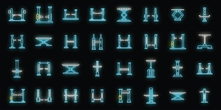 Car lift icons set outline vector. Auto garage. Station equipment neon isolated