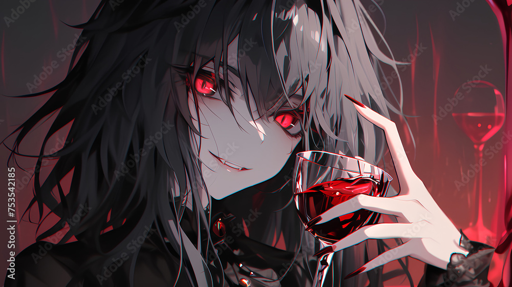 Sticker Smiling anime vampire girl holding red drinking glass