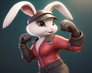 A rabbit dressed in a vintage boxing outfit throws punches in the air her ears bobbing rhythmically with every jab - obrazy, fototapety, plakaty