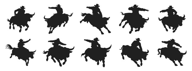 Rodeo vector illustration. Cowboy riding bull hand drawn black on white background. Mal rider bucking silhouette