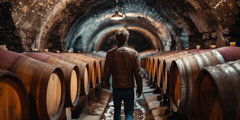 A young traveler explores a rustic cellar filled with wine barrels in France.