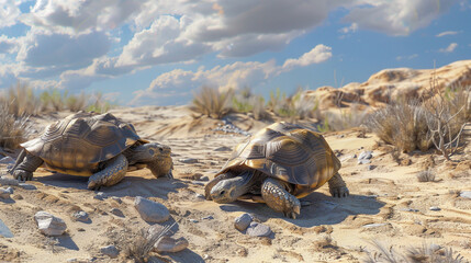 A pair of desert tortoises engaging in a slow and steady journey across the sandy terrain.