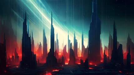 Abstract digital glitch art, vibrant cityscape in generative artificial intelligence