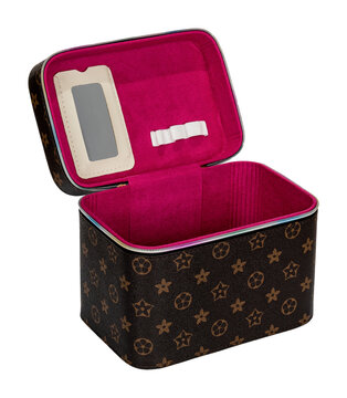 Stylish cosmetic bag on white background. Banner design