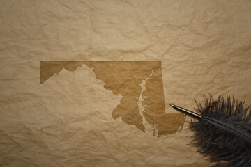 map of maryland state on a old paper background with old pen