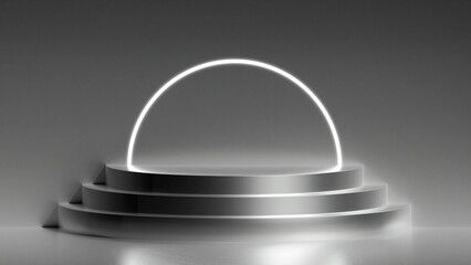 Empty podium or pedestal display on silver background with stand concept. Blank product shelf standing backdrop with neon circle. 3d rendering illustration.