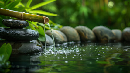 Zen garden with bamboo fountain and stones. - obrazy, fototapety, plakaty