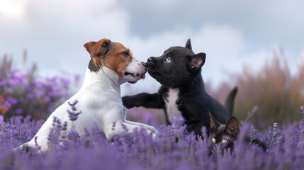 A pair of energetic Jack Russell terriers and a sleek black cat frolicking together on a soft lavender backdrop. - obrazy, fototapety, plakaty