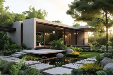 Fototapeta na wymiar A modern minimalist house surrounded by lush greenery and vibrant flowers