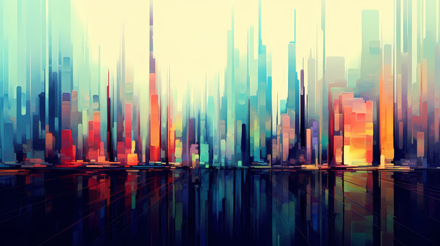 Abstract digital glitch art, vibrant cityscape in generative artificial intelligence © ma