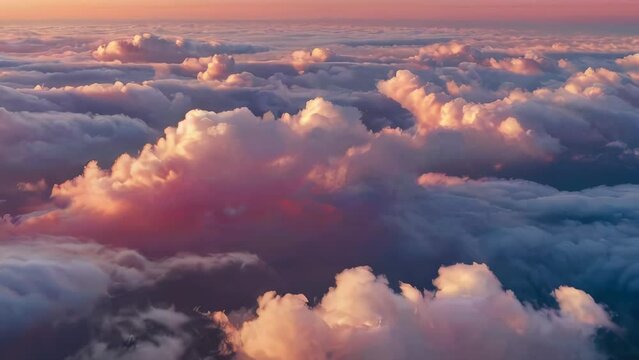 Spectacular high altitude aerial view of ethereal sunset cloudscape with pink and orange fluffy cumulus, and stratus cloud formation in serene and beautiful nature atmospheric skyscape at dusk