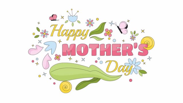 Happy mother day line 2D animation. Second Sunday of May spring ornament 4K video motion graphic. Butterflies springtime flowers greeting card linear animated cartoon flat concept, white background