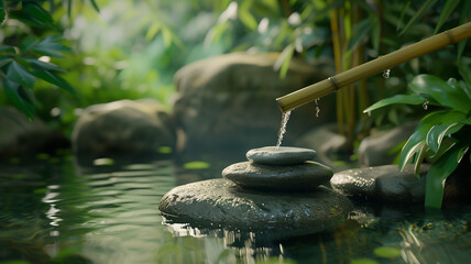 Zen garden with bamboo fountain and stones.