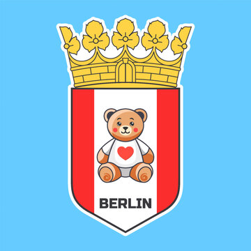 Vector cartoon cute sitting little Teddy bear. Fictional coat of arms of Berlin. Shield and crown. Sticker or badge.