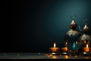 Ramadan theme decorated with glowing lanterns and crescent moon for elegant poster background professional photography