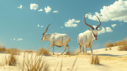A pair of horned addax antelopes gracefully navigating the sandy expanse of the Sahara.