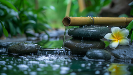 Zen garden with bamboo fountain and stones.