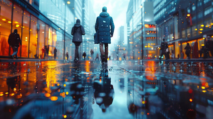 Abstract modern city background with people walking over buildings reflections. - obrazy, fototapety, plakaty