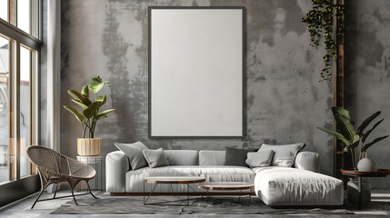 Minimalist living room with empty wall background and frame mockup.