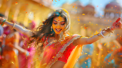 beautifull india girl dance on holi day covered with colorful powder with joy